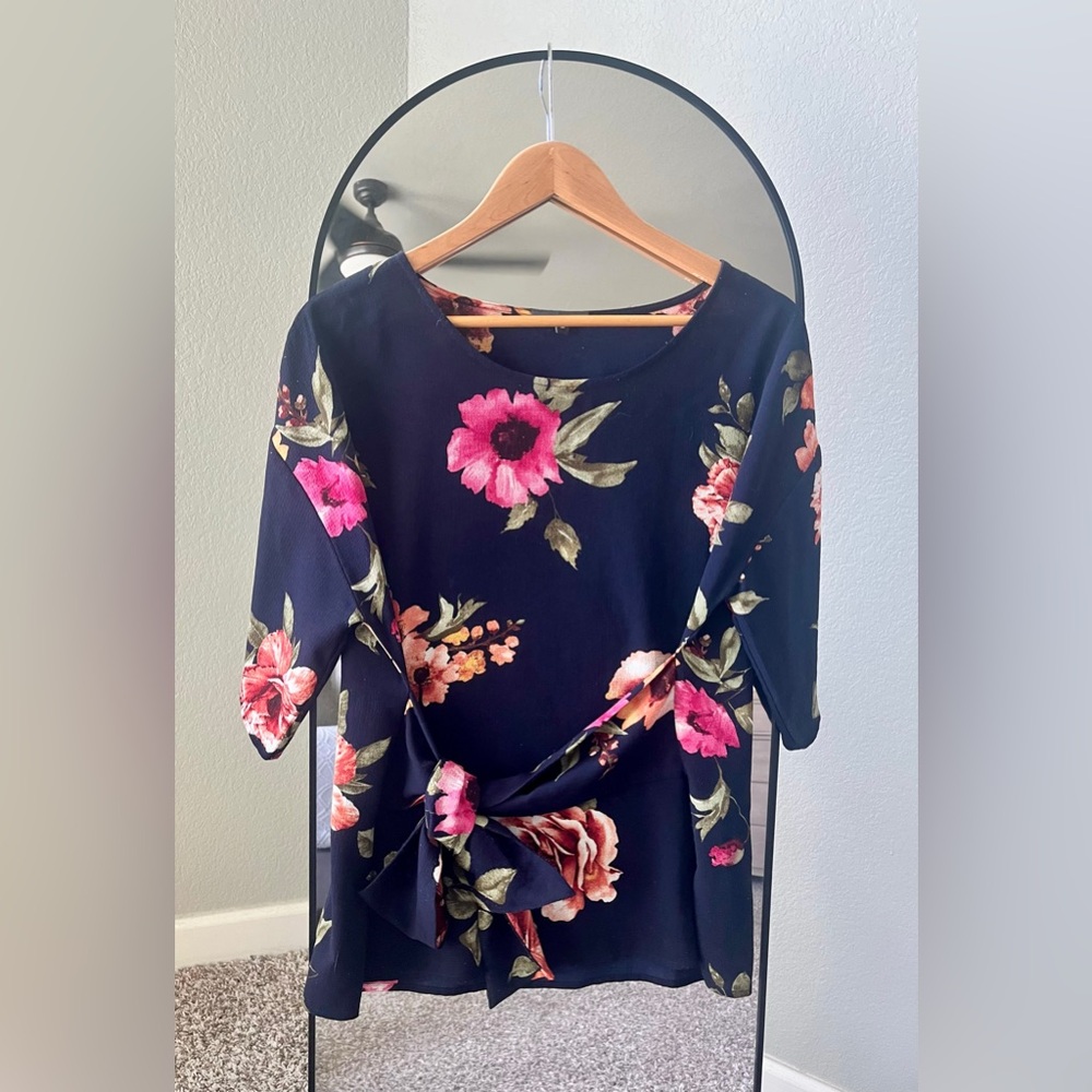 Navy Floral Blouse | Tie Waist, Draped Fit